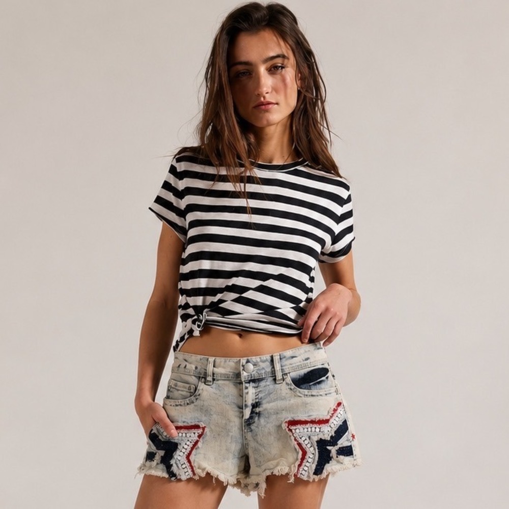 Boho Star Crochet Acid Wash Denim Shorts Womens Sz 9 Blue‎ Patriotic 4th America
